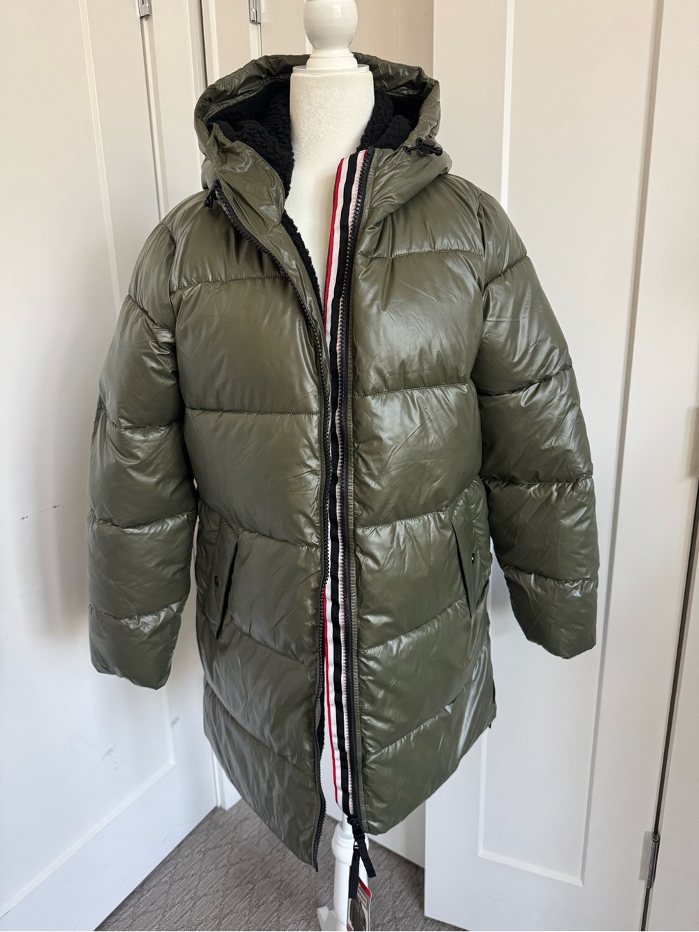 Hunter Olive Green Quilted Hooded Puffer Coat with Stripe Trim